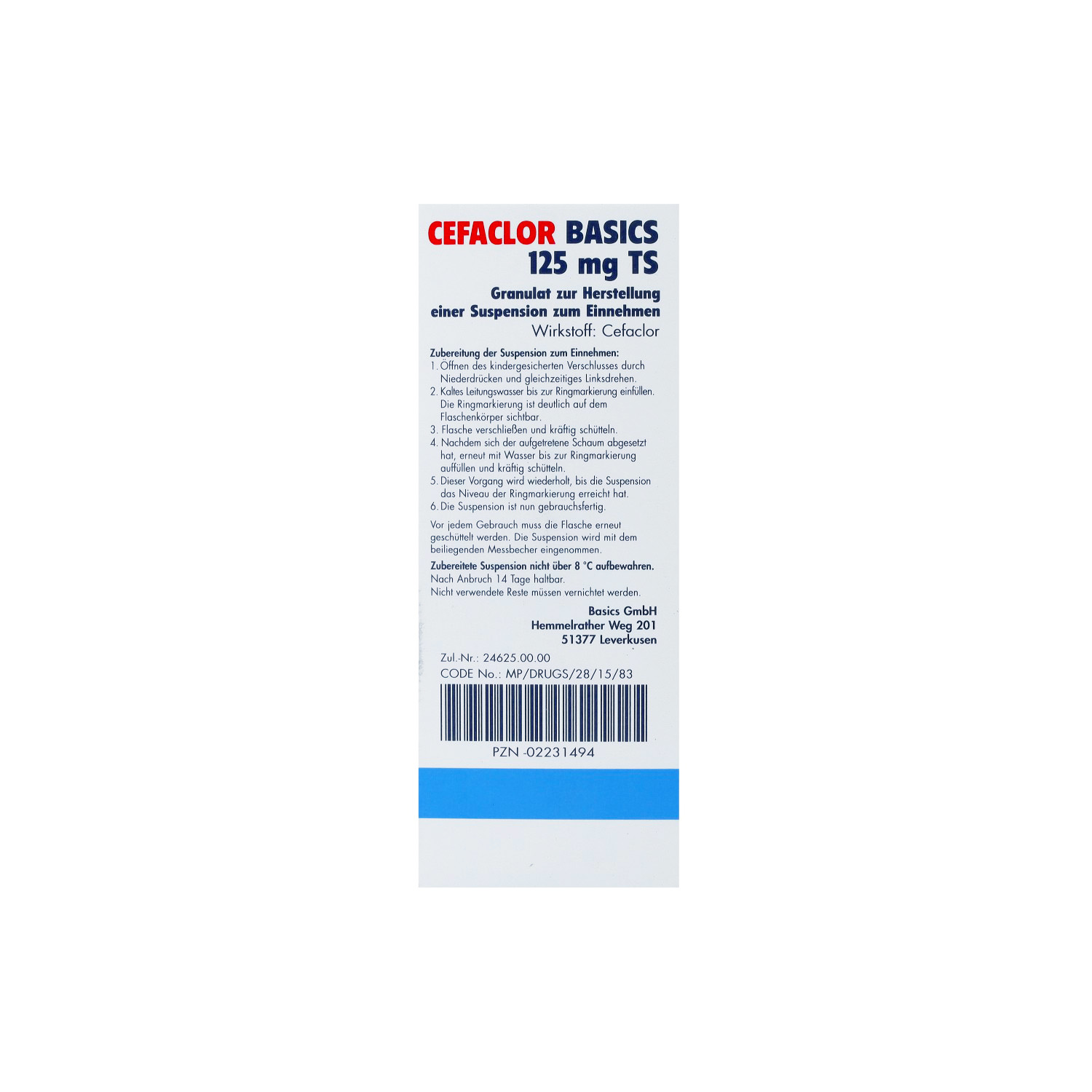 CEFACLOR BASICS 125 mg TS Gran.z.Susp.-Herstell.