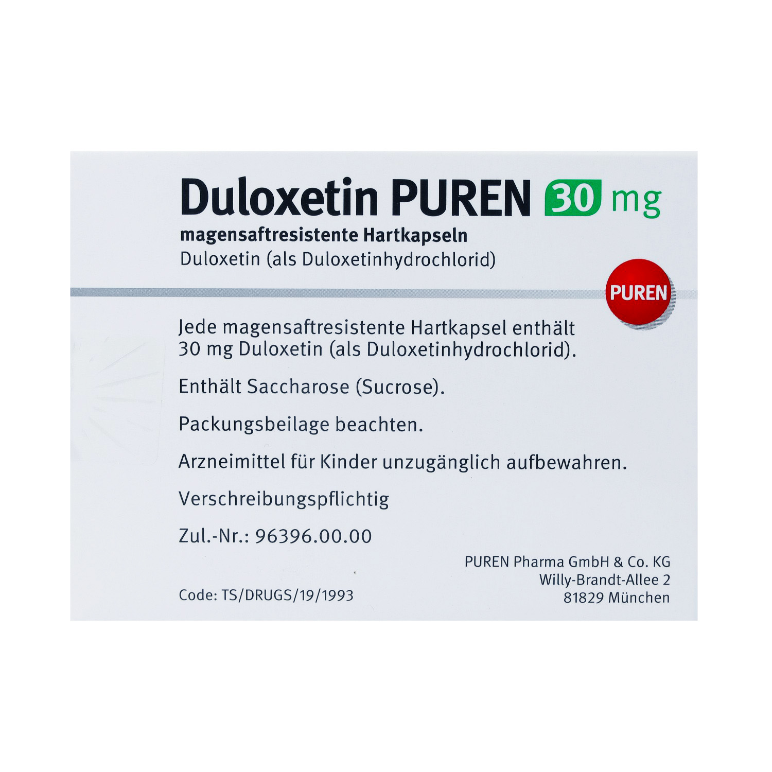DULOXETIN PUREN 30 mg magensaftresist.Hartkapseln