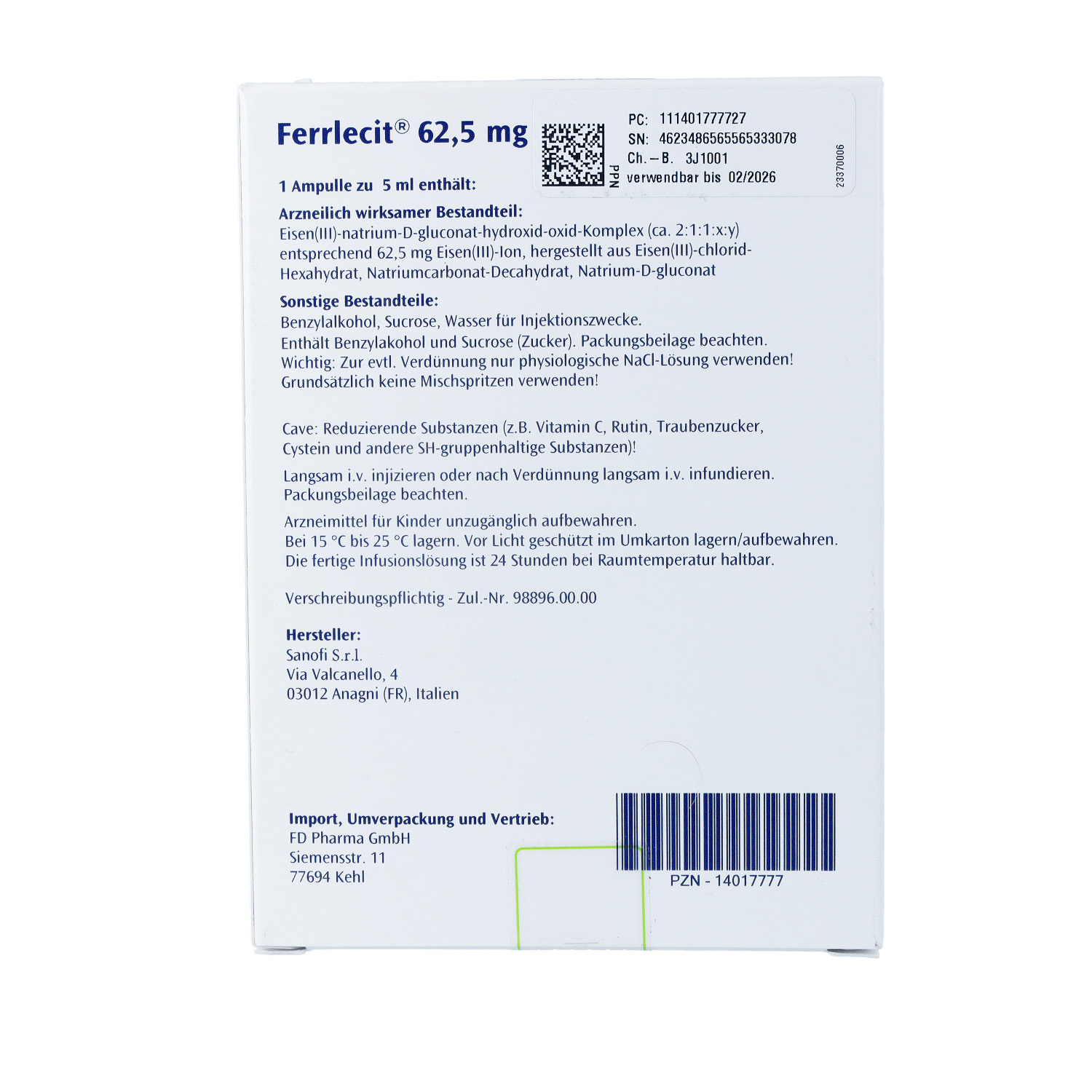FERRLECIT 62,5 mg Inj.Lsg.bzw.Konz.Her.Inf.Lsg.Amp